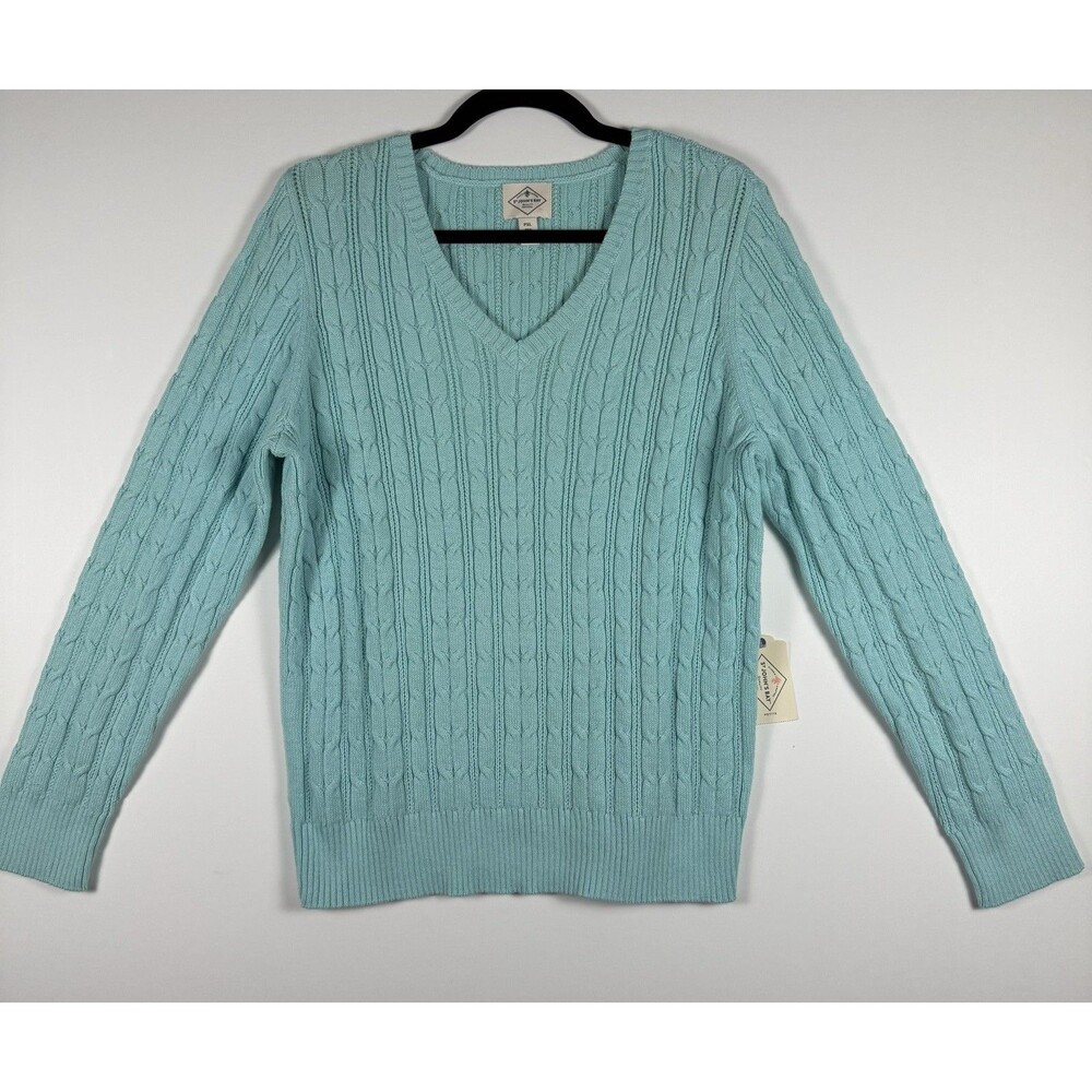 St John's Bay Petite Cable Knit Sweater Women’s PXL Mint V Neck Cotton Blend NWT